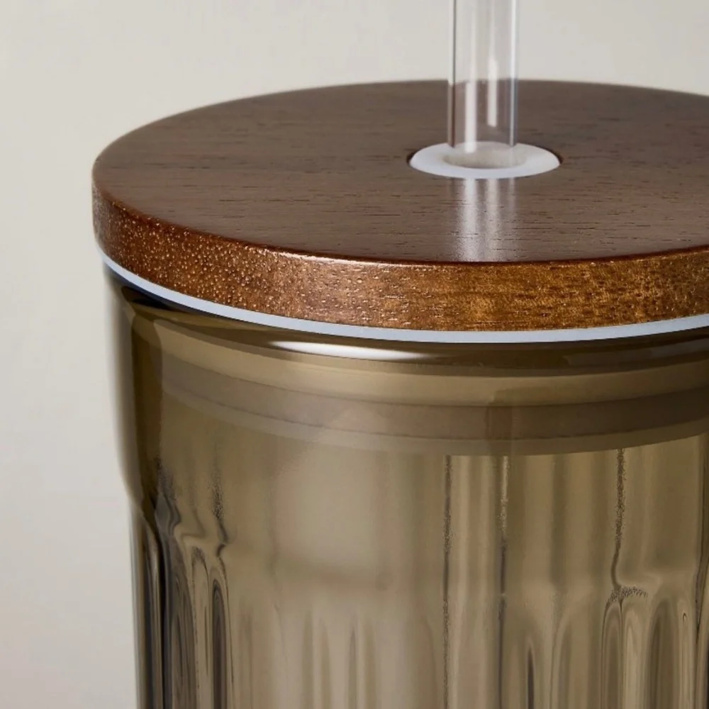 Hearth & Hand Magnolia 21oz Brown Fluted Glass Tumbler with Wood Lid